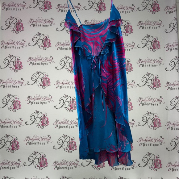 Hawaii Wrap dress satin silky shiny metallic blue & pink gorgeous beach coverup - Picture 4 of 8